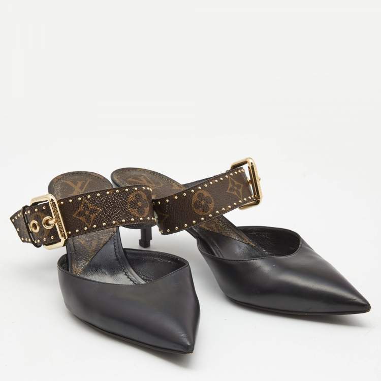 Pre Owned Louis Vuitton Black/Brown Leather and Studded Monogram Canvas Pointed Toe Mules Size 39