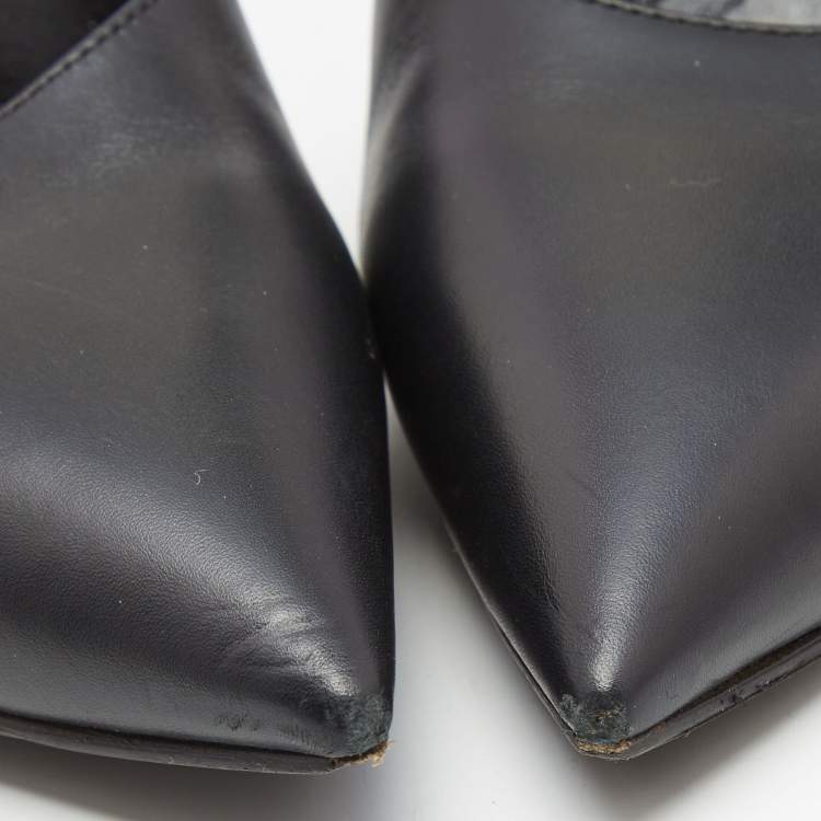 Pre Owned Louis Vuitton Black/Brown Leather and Studded Monogram Canvas Pointed Toe Mules Size 39