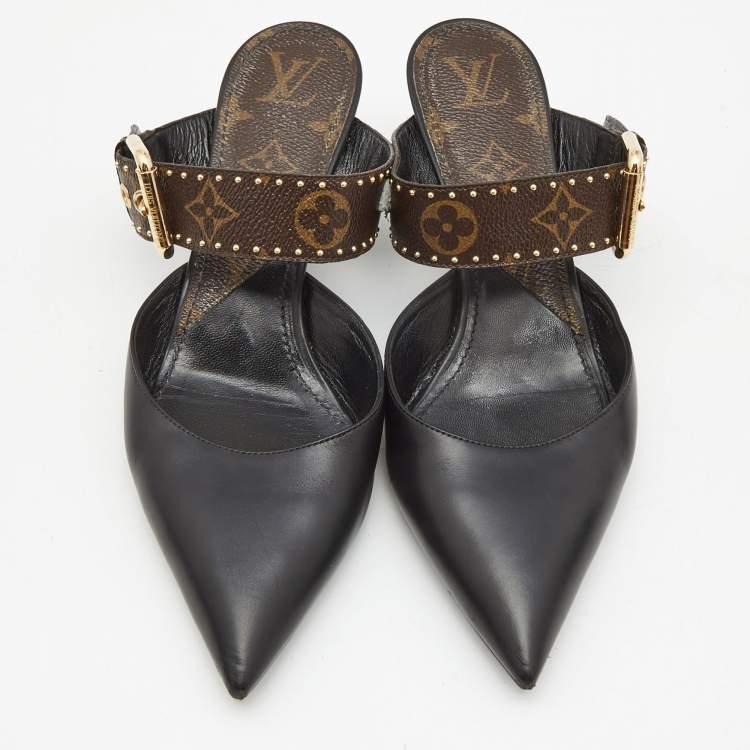 Pre Owned Louis Vuitton Black/Brown Leather and Studded Monogram Canvas Pointed Toe Mules Size 39