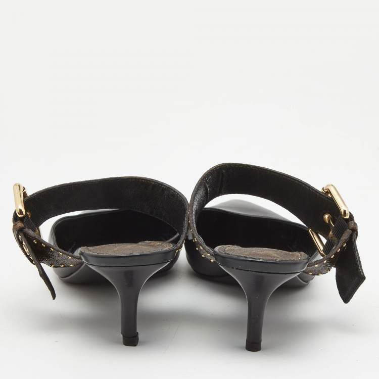 Pre Owned Louis Vuitton Black/Brown Leather and Studded Monogram Canvas Pointed Toe Mules Size 39