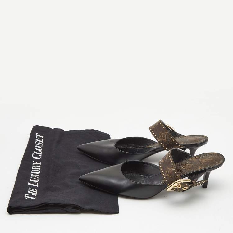 Pre Owned Louis Vuitton Black/Brown Leather and Studded Monogram Canvas Pointed Toe Mules Size 39