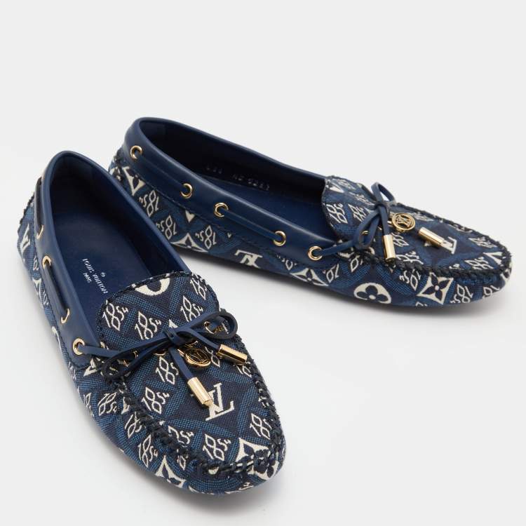 Pre Owned Louis Vuitton Blue Monogram Canvas and Leather 1854 Gloria Loafers Size 36