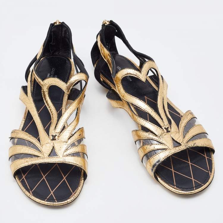 Pre Owned Louis Vuitton Gold/Black Leather, Suede and PVC Strappy Flat Sandals Size 38.5