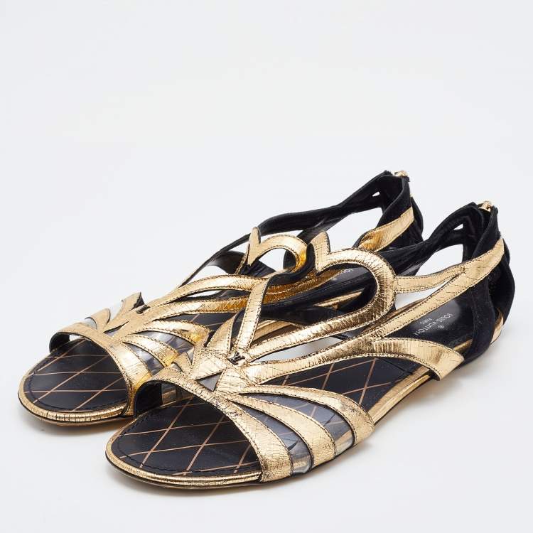 Louis Vuitton Metallic Gold/Brown Leather Wedge Sandals Size 38.5 Louis  Vuitton