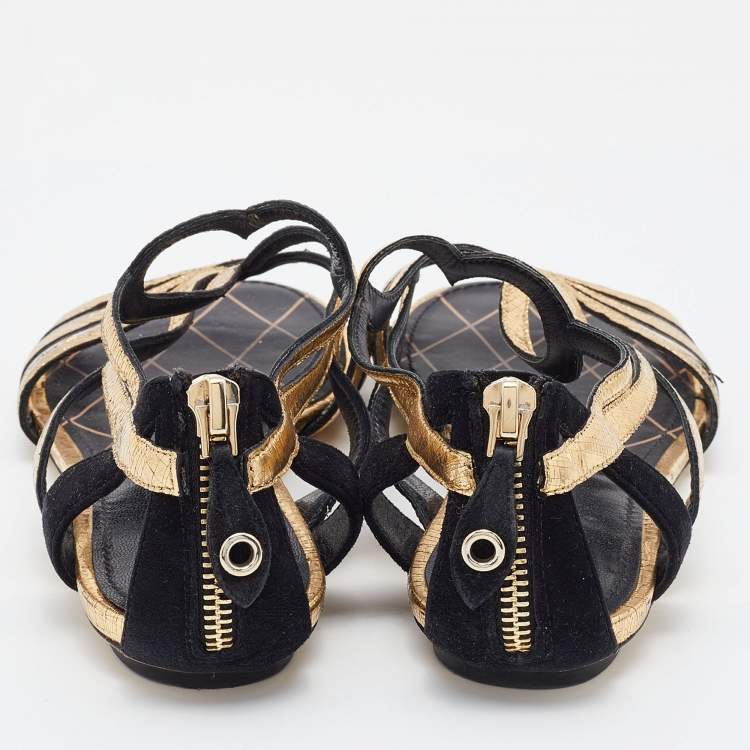 Pre Owned Louis Vuitton Gold/Black Leather, Suede and PVC Strappy Flat Sandals Size 38.5