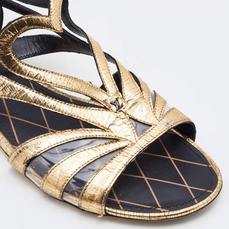Pre Owned Louis Vuitton Gold/Black Leather, Suede and PVC Strappy Flat Sandals Size 38.5