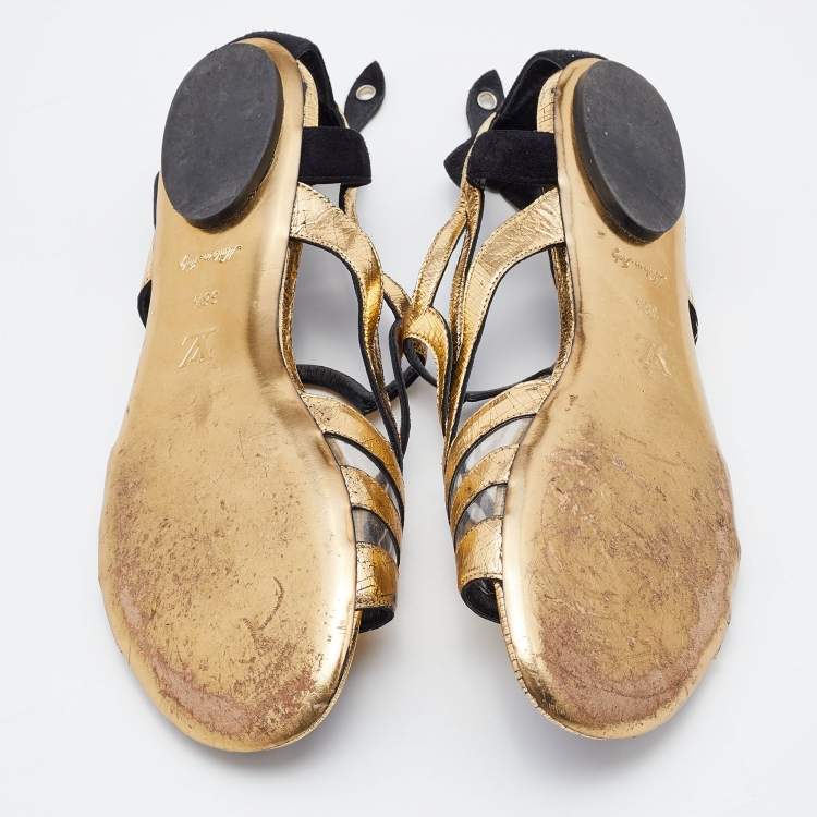 Pre Owned Louis Vuitton Gold/Black Leather, Suede and PVC Strappy Flat Sandals Size 38.5