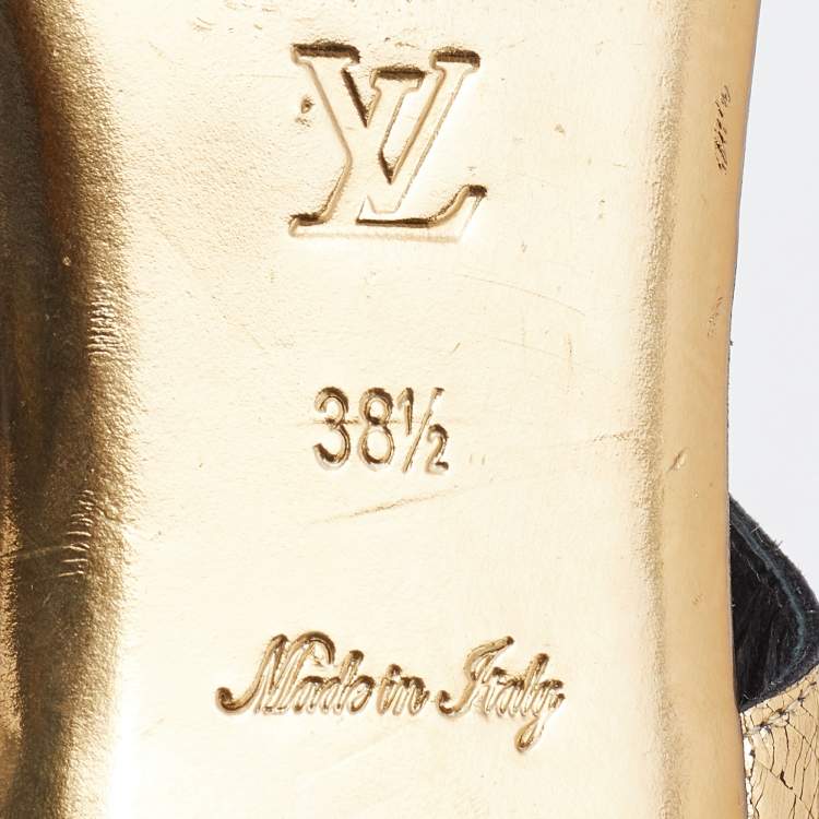 Pre Owned Louis Vuitton Gold/Black Leather, Suede and PVC Strappy Flat Sandals Size 38.5