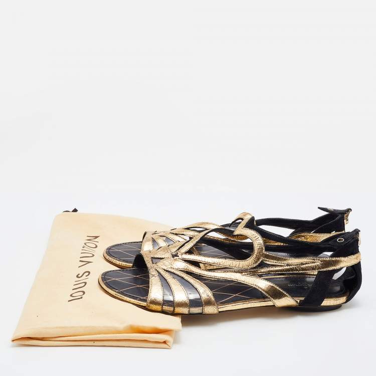 Pre Owned Louis Vuitton Gold/Black Leather, Suede and PVC Strappy Flat Sandals Size 38.5