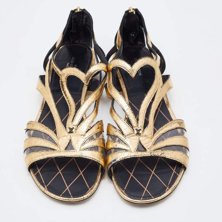 Pre Owned Louis Vuitton Gold/Black Leather, Suede and PVC Strappy Flat Sandals Size 38.5