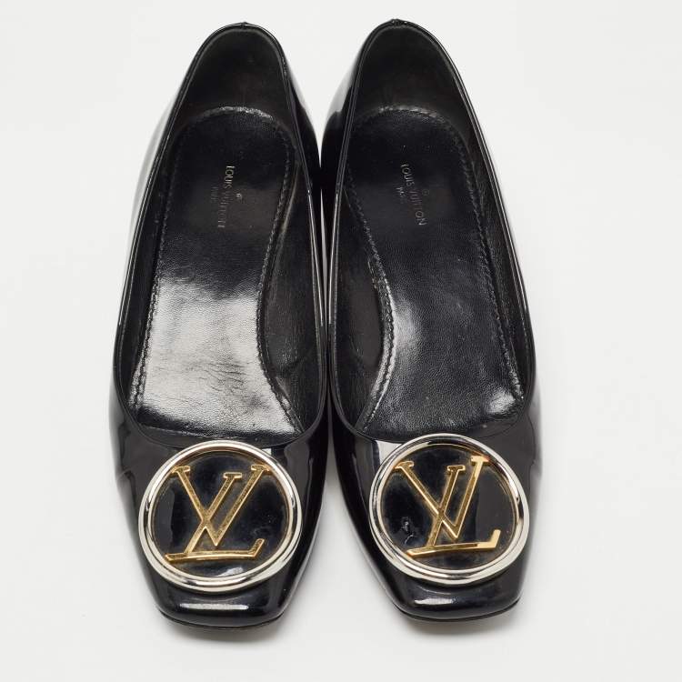 Pre Owned Louis Vuitton Black Patent Leather Madeleine Logo Block Heel Pumps Size 37