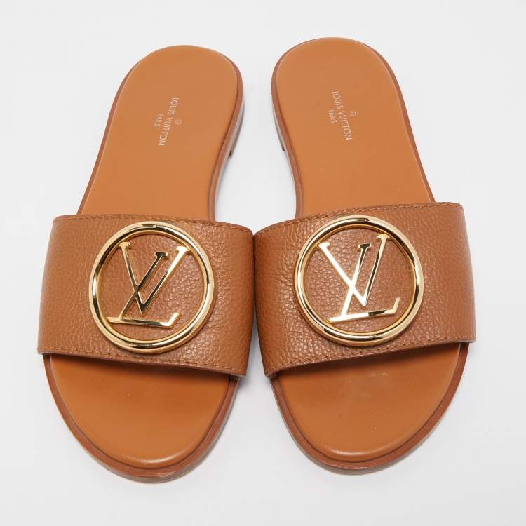 Pre Owned Louis Vuitton Brown Leather Lock It  Flat Slides Size 36