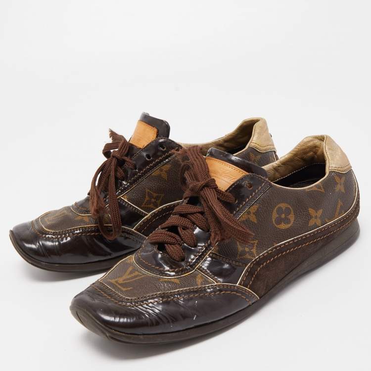 Pre Owned Louis Vuitton Brown Monogram Canvas and Patent Leather Globe Trotter Sneakers Size 39