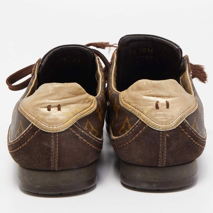 Pre Owned Louis Vuitton Brown Monogram Canvas and Patent Leather Globe Trotter Sneakers Size 39