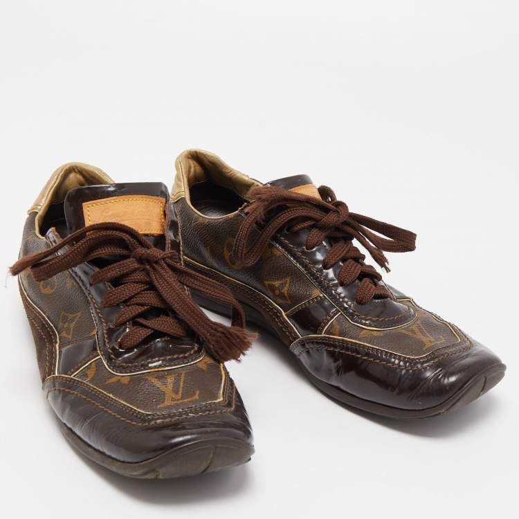Pre Owned Louis Vuitton Brown Monogram Canvas and Patent Leather Globe Trotter Sneakers Size 39