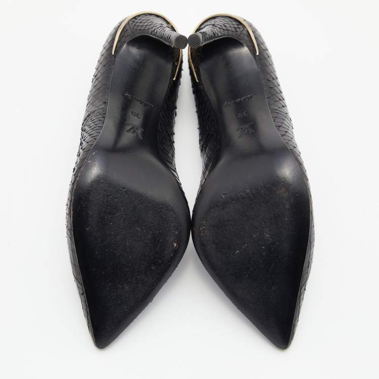 Pre Owned Louis Vuitton Black Watersnake Leather Slip On Pumps Size 39