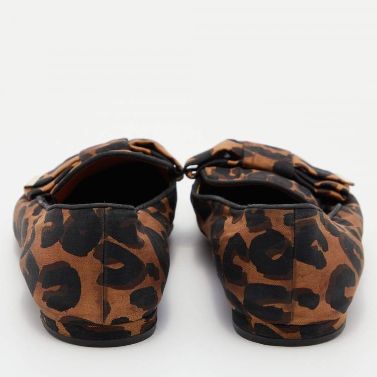 Pre Owned Louis Vuitton Brown Leopard Printed Fabric Bow Detail Smoking Slippers Size 39