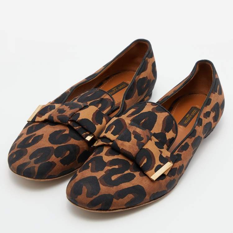 Louis Vuitton Brown Leopard Printed Fabric Bow Detail Smoking Slippers Size 39