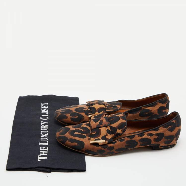 Pre Owned Louis Vuitton Brown Leopard Printed Fabric Bow Detail Smoking Slippers Size 39