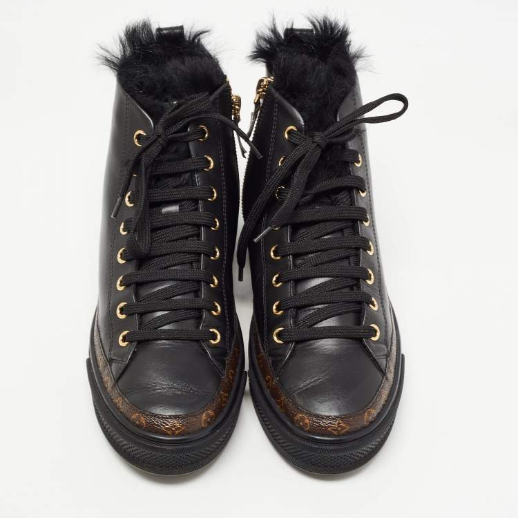 Pre Owned Louis Vuitton Black Monogram Canvas and Leather High Top Sneakers Size 36.5