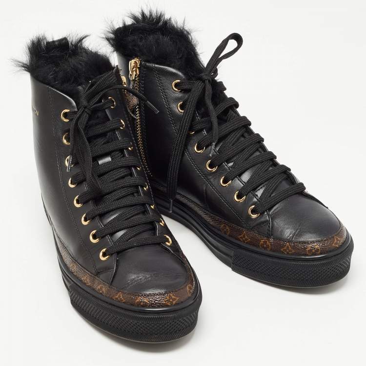 Pre Owned Louis Vuitton Black Monogram Canvas and Leather High Top Sneakers Size 36.5
