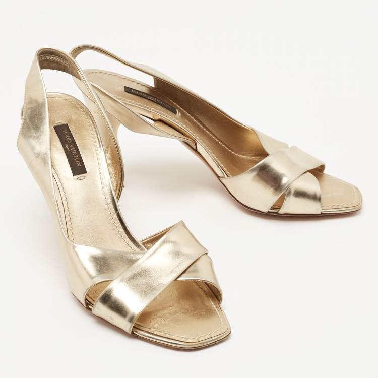 Pre Owned Louis Vuitton Gold Leather Slingback Sandals Size 36.5
