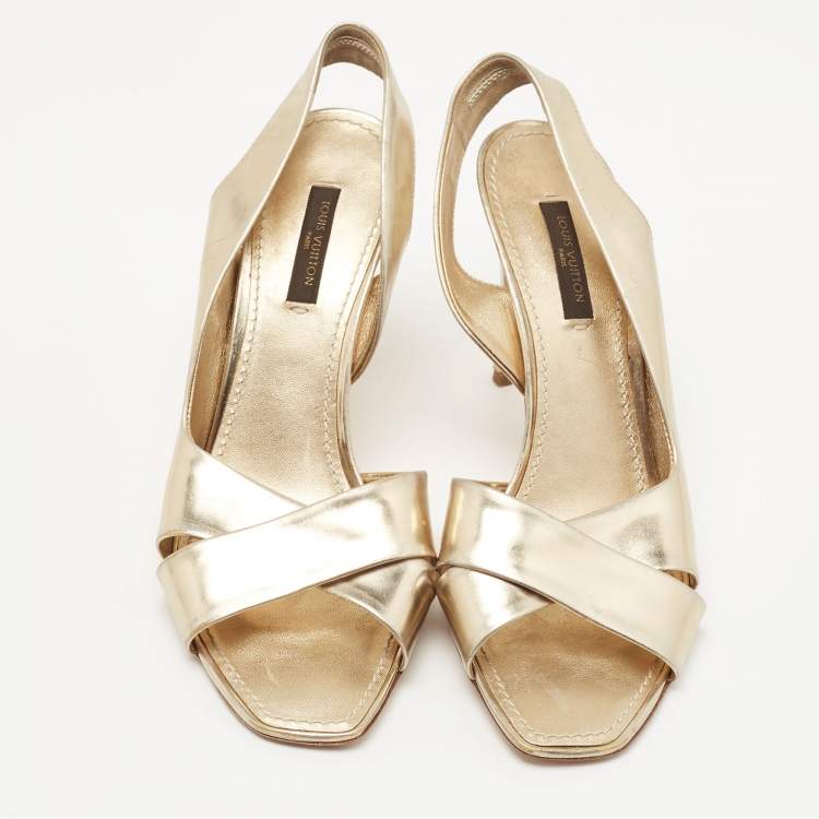 Pre Owned Louis Vuitton Gold Leather Slingback Sandals Size 36.5