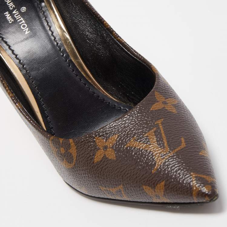 Pre Owned Louis Vuitton Gold Monogram Canvas and Patent Leather Cherie Pumps Size 36