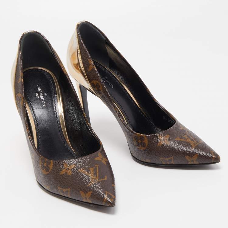 Pre Owned Louis Vuitton Gold Monogram Canvas and Patent Leather Cherie Pumps Size 36