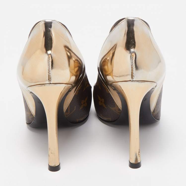 Pre Owned Louis Vuitton Gold Monogram Canvas and Patent Leather Cherie Pumps Size 36