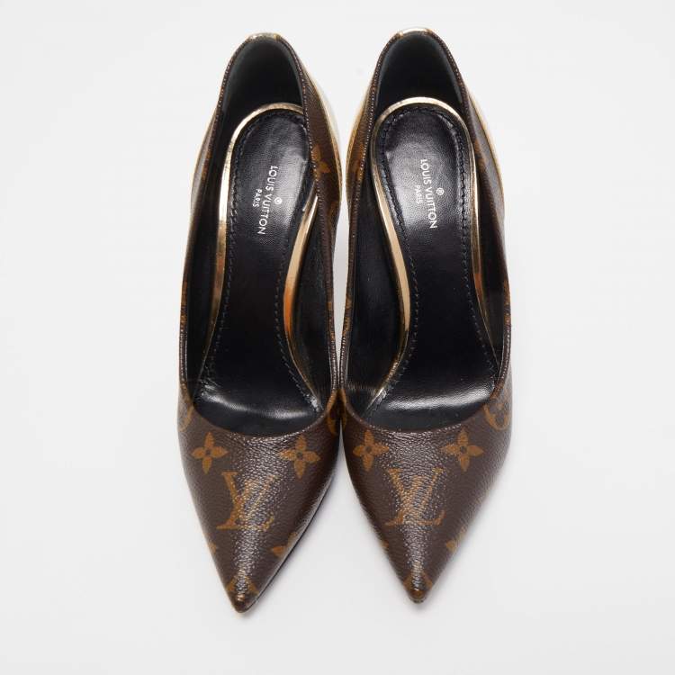 Pre Owned Louis Vuitton Gold Monogram Canvas and Patent Leather Cherie Pumps Size 36
