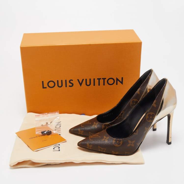 Pre Owned Louis Vuitton Gold Monogram Canvas and Patent Leather Cherie Pumps Size 36