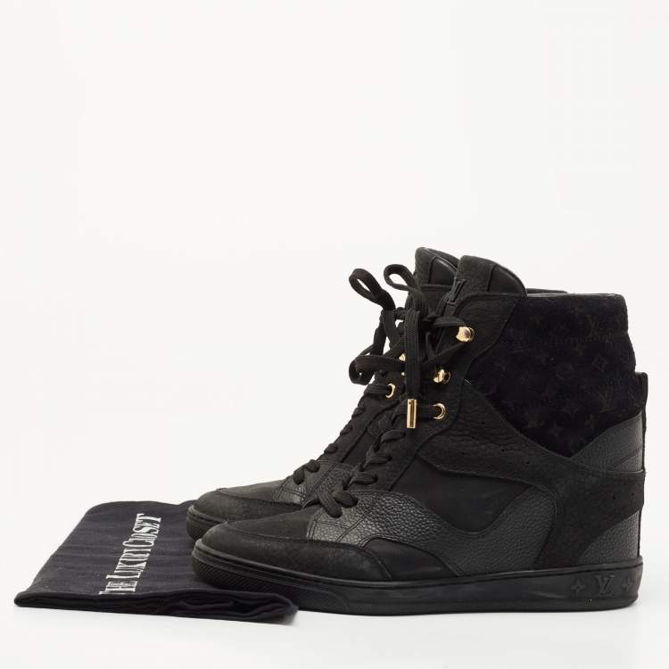 Pre Owned Louis Vuitton Black Leather and Embossed Monogram Suede Cliff Top Sneakers Size 37