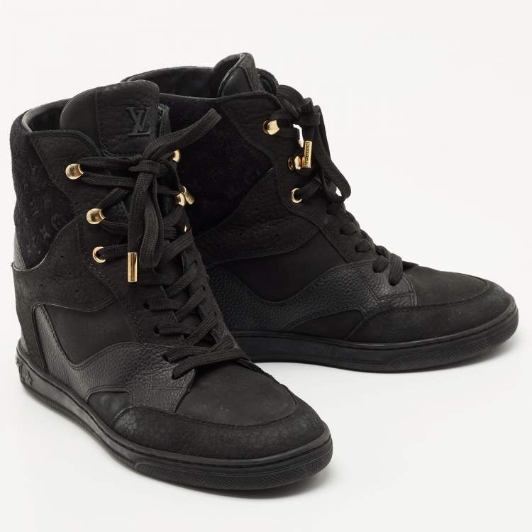 Pre Owned Louis Vuitton Black Leather and Embossed Monogram Suede Cliff Top Sneakers Size 37