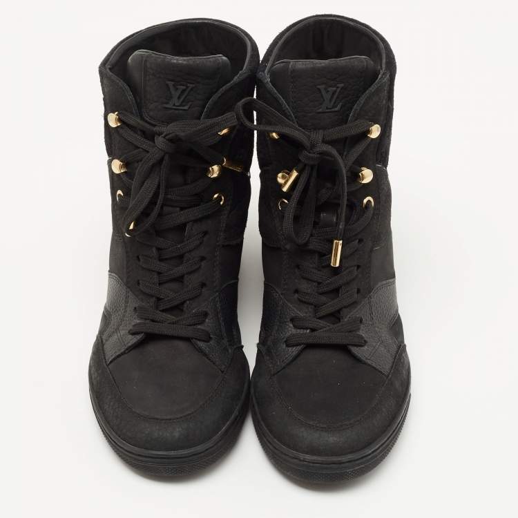 Pre Owned Louis Vuitton Black Leather and Embossed Monogram Suede Cliff Top Sneakers Size 37