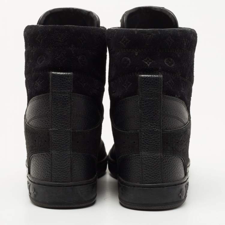 Pre Owned Louis Vuitton Black Leather and Embossed Monogram Suede Cliff Top Sneakers Size 37