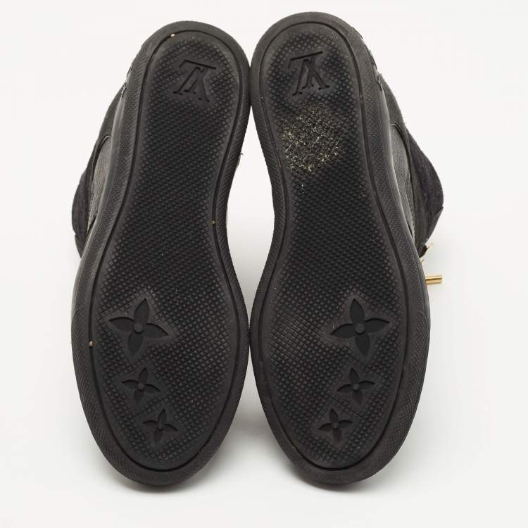 Pre Owned Louis Vuitton Black Leather and Embossed Monogram Suede Cliff Top Sneakers Size 37