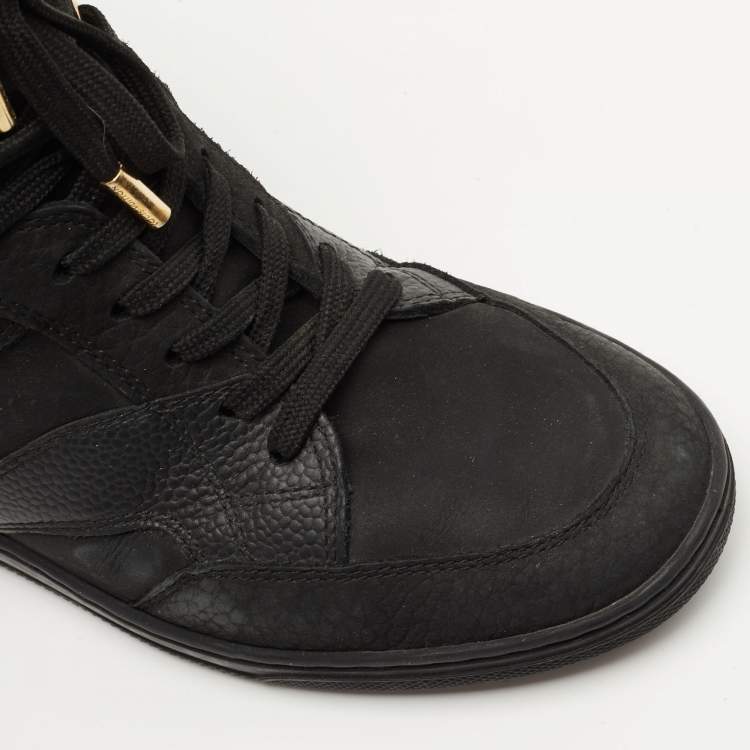 Pre Owned Louis Vuitton Black Leather and Embossed Monogram Suede Cliff Top Sneakers Size 37