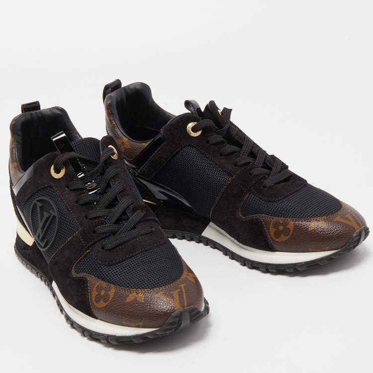 Pre Owned Louis Vuitton Black/Brown Mesh and Monogram Canvas Run Away Sneakers Size 38