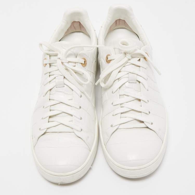 Pre Owned Louis Vuitton White Croc Embossed Leather Frontrow Sneakers Size 38.5
