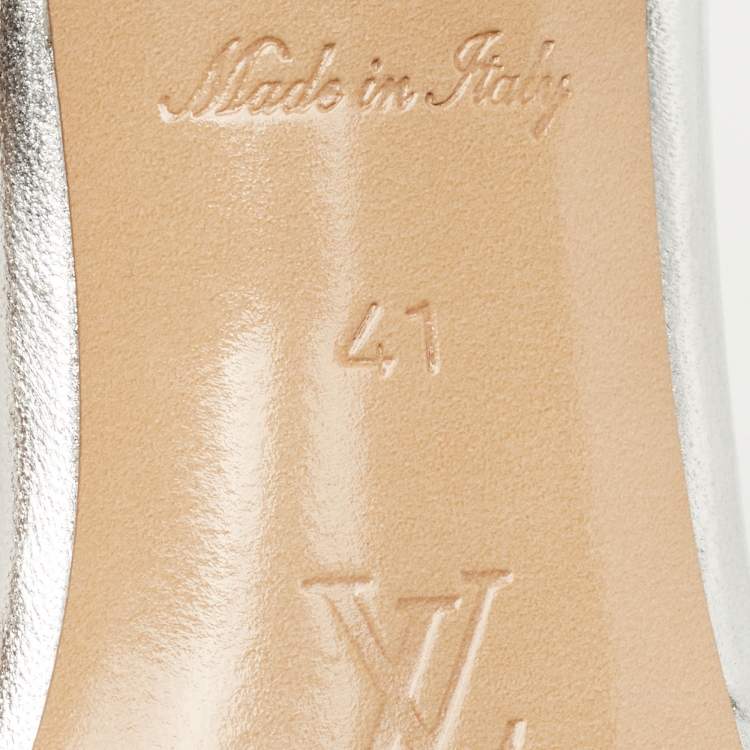 Pre Owned Louis Vuitton Silver Monogram Embossed Leather Revival Slide Sandals Size 41