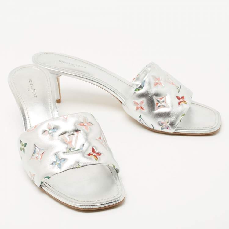 Pre Owned Louis Vuitton Silver Monogram Embossed Leather Revival Slide Sandals Size 41