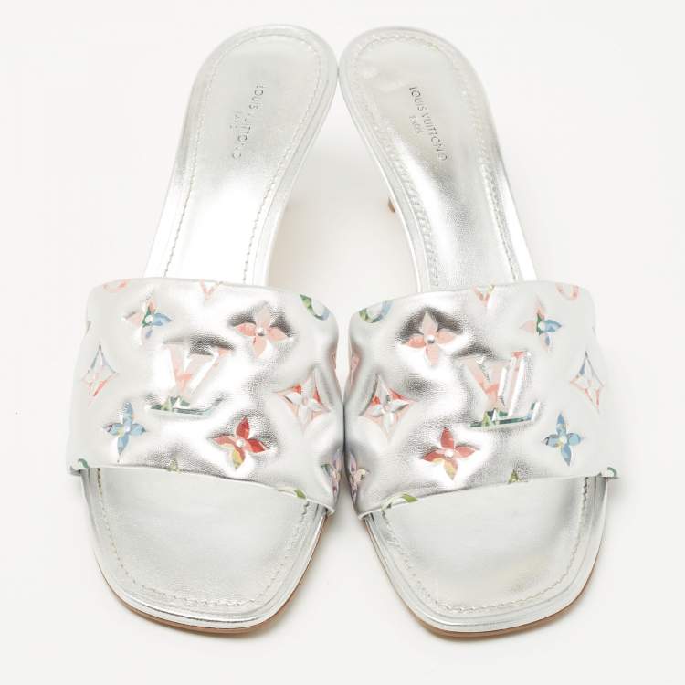 Pre Owned Louis Vuitton Silver Monogram Embossed Leather Revival Slide Sandals Size 41