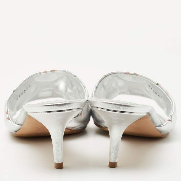 Pre Owned Louis Vuitton Silver Monogram Embossed Leather Revival Slide Sandals Size 41