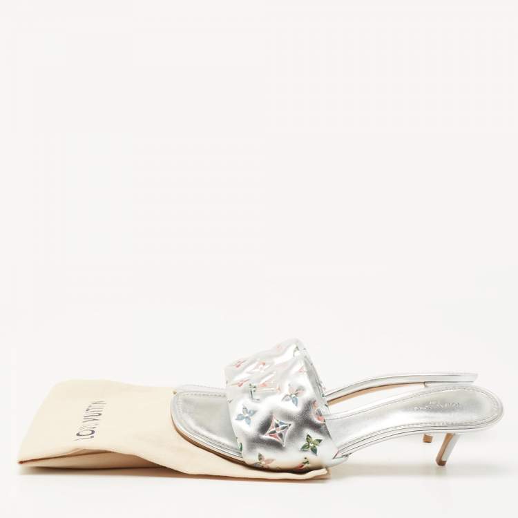 Pre Owned Louis Vuitton Silver Monogram Embossed Leather Revival Slide Sandals Size 41