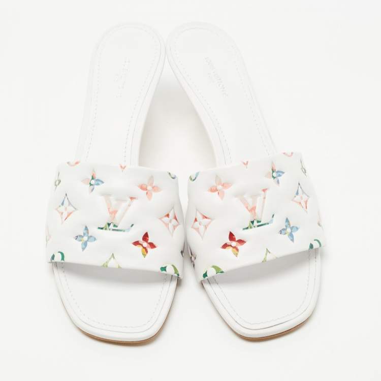 Pre Owned Louis Vuitton White Monogram Embossed Leather Revival Slide Sandals Size 41