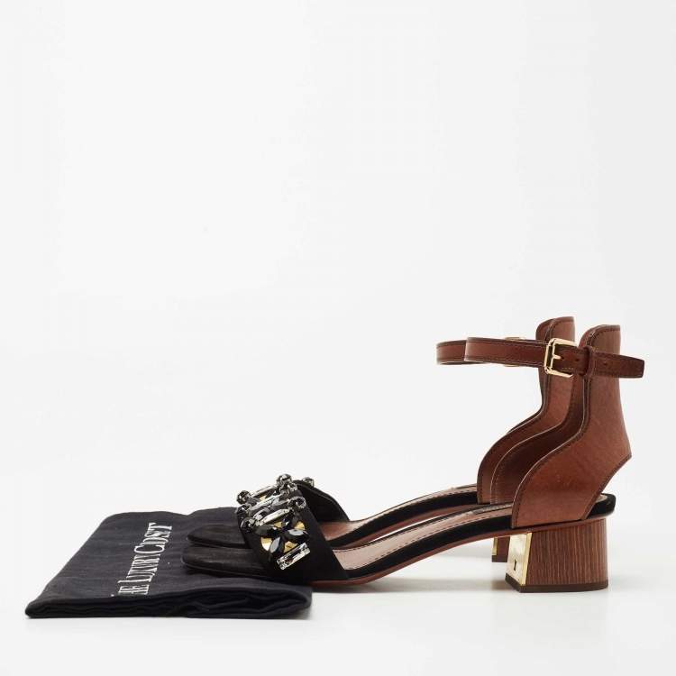 Pre Owned Louis Vuitton Black/Brown Crystal Embellished Suede and Leather Ankle Strap Sandals Size 38