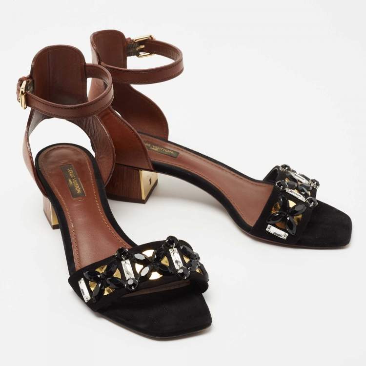 Pre Owned Louis Vuitton Black/Brown Crystal Embellished Suede and Leather Ankle Strap Sandals Size 38