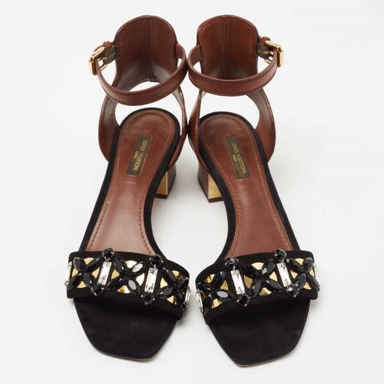 Pre Owned Louis Vuitton Black/Brown Crystal Embellished Suede and Leather Ankle Strap Sandals Size 38