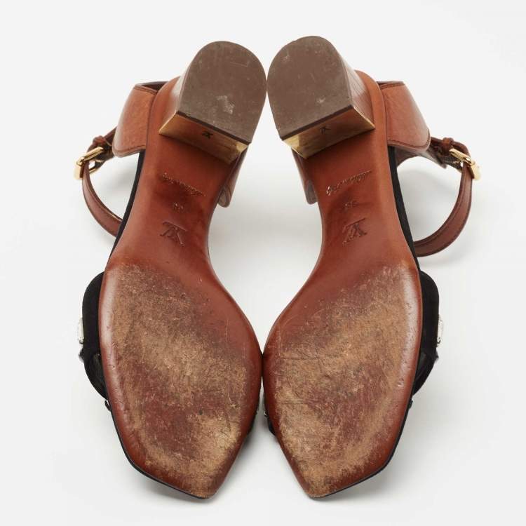 Pre Owned Louis Vuitton Black/Brown Crystal Embellished Suede and Leather Ankle Strap Sandals Size 38